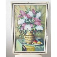 Все лоты с рубля.Натюрморт с сиренью,оргалит/м,40\60 см. с рамой