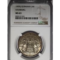 3 марки 1909 Гамбург ms 63 NGC