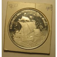 Ямайка, 10 Долларов 1989, Колумб, открытие Америки Серебро