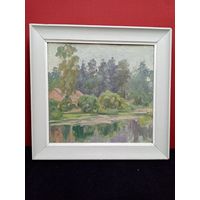 С рубля без мц. картина "речной пейзаж", 44х44см. фанера масло, надпись на раме: "Охримук"