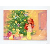 Открытка. С новым годом! Подарки. Дети. Девочка. Ёлочка. Художник Ек. Бабок (чистая)