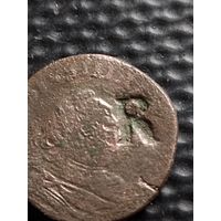 Польша 1 солид 1755 г. Август III с надчеканом Радзивилов - буква R, без мц.