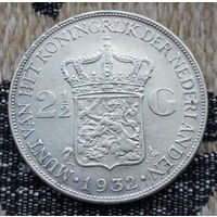 Нидерланды 2 1/2 гульдена 1932 года, AU. Королева Вельгельмина. Серебро. Сторгуй за свою цену, предложи обмен! Y65