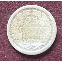Серебро 0.640! Нидерланды 25 центов, 1910-1925
