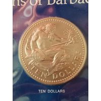 29. Распродажа. Барбадос 10 долларов 1974 г. Редкая!!! Тираж 3 708! Из набора. ВUNC!