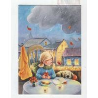 Открытка почтовая. Осенняя пора. Чаепитие. Дети. Девочка. Собачка.Кафе. Дождь. Худож. О. Бадулина (чистая)