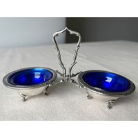 Солонка Серебро цветное стекло антикварная кобальт клеймо 9х16см