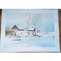 Картина зима деревенский пейзаж акварель искусство