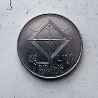 100 лир 1974 года Италия. Итальянская Республика. 100 лет со дня рождения Гульельмо Маркони.
