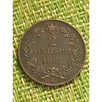 Италия 2 чентезимо 1867 г ( M - Милан, Виктор Эммануил II )