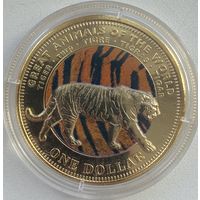 Фиджи 1 доллар 2009 г. Великие животные мира. Тигр. Позолота. Тираж 5000 шт.