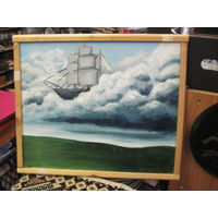 Шхуна в прибое маслом на ДВП в деревянной раме 45х38 см.