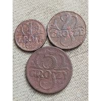 Распродажа - 1 грош 1938г,2 гроша 1930г,5 грошей 1923г.,Польша ,Вторая Республика