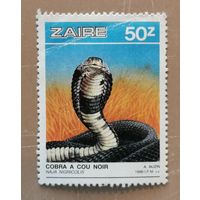 Марка Заир, Конго, фауна, черношейная кобра, 1986 г.