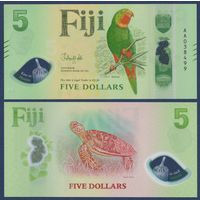 Фиджи, 5 долларов 2026 г, P-W125 (полимер, IBNS 2025, красногорлый лори, зелёная черепаха), UNC