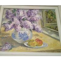 Картина СССР Коктев Сирень 45 на 50см масло дсп в рамке автограф пейзаж