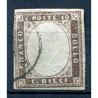 Королевство Сардиния-Пьемонт, Италия - 1855/63г. - король Виктор Эммануил II, 10 с - 1 марка - гашёная [Mi 11 с]. #1-It-16-A-2
