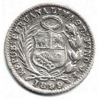 ПЕРУАНСКАЯ РЕСПУБЛИКА 1/2 ДИНЕРО 1899. СЕРЕБРО. НЕЧАСТАЯ