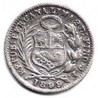 ПЕРУАНСКАЯ РЕСПУБЛИКА 1/2 ДИНЕРО 1899. СЕРЕБРО. НЕЧАСТАЯ