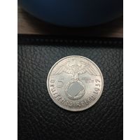 5 марок 1937 (G-Карлсруэ). Серебро 0,900. С рубля,без мц!