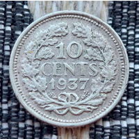 Нидерланды 10 центов 1937 года. Королева Вильгельмина. Серебро. Сторгуй за свою цену, предложи обмен!