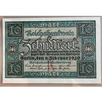 Германия, 10 марок 1920 год, Ro.63a, DEU-72a, Х Х.#7 (# черный), не частая серия "Y"