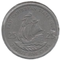 Восточно - Карибские Государства (Восточные Карибы). 25 центов 1986. Холдер. Корабль (галеон Ф. Дрейка "Golden Hind"). Парусник.