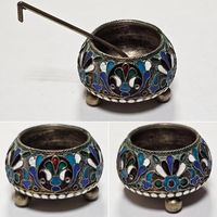 Антикварная - Солонка с ложечкой. РИ. Эмаль, золочение. Оригинал. 84пр клеймо мастера СК