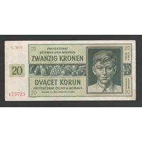 Чехословакия Богемия и Моравия 20 крон 1944 года. Без перфорации. Тип Р-9. Состояние aUNC