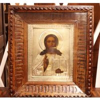 Старинная икона "Господь Вседержитель" в киоте, Царская Россия, оклад- серебро, 84 проба, 13,5х17 см