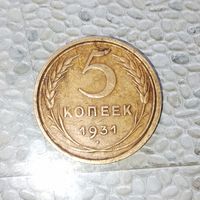 5 копеек 1931 года СССР. Красивая монета! Родная жёлто-золотистая патина!