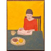 Лисовский А.С "Завтрак за чтением в жёлтой комнате",2024г. Холст, акрил. Размер 30х40 см.