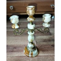 Подсвечник - канделябр на 3 свечи,  оникс, латунь.