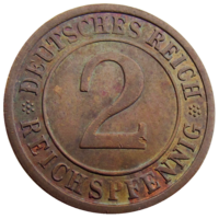 Германия, Веймарская республика, 2 рейхспфеннига 1936 года (А) м.д. Берлин, сост. Unc, копна пшеницы, KM #38