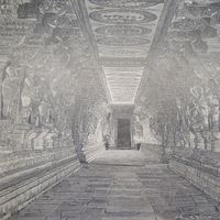 Гравюра энциклопедическая. Колоннады во внутренности индийского храма... Спб. 19-20век. 25х16см.