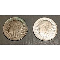 2х5 злотых (серебро) 1934, Польша, голова Полонии, хорошие! Также смотрите другие мои лоты!