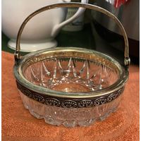 Сахарница с ручкой , серебро , хрусталь