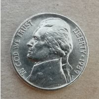 США 5 центов, 1989 Джефферсон Никель Отметка МД: "P" - Филадельфия,  KM# A192, ю