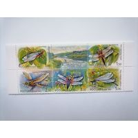 Россия. 2001 ФАУНА. СТРЕКОЗЫ. Сцепка 5 марок+купон. **MNH