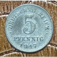 Монета 5 пфеннигов 1917 год. Германская империя. Монетный двор: "D" - Мюнхен