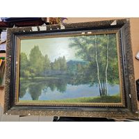 Старенькая Советская картина. Речка. Художник Алов Василий. Холст, масло. 70 на 50 см