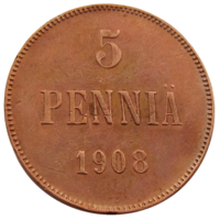 Россия для Финляндии, 5 пенни 1908 г., сост. AU, Биткин #449