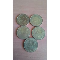 Франция, сборный лот 20 сантимов 1963, 1964, 1977, 1978, 1983 годов.