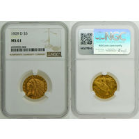 5 долларов 1909 г. D. Голова индейца. США. NGC MS 61. Золото. KM# 129.