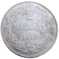 Россия для Финляндии, 2 марки 1907 года (L) - м.д. Гельсингфорс, сост. XF, серебро 868/ 10,36 г, Биткин #397