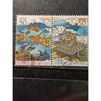 Япония, 2003. Традиционная рыбалка с бакланами и замок Гифу. сцепка.  Mi-2,4 евро гаш.