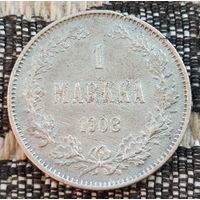 Финляндия-Российская Империя 1 марка 1908 год, L. Николай II. Серебро. Сторгуй за свою цену, предложи обмен! Y100