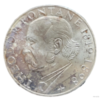 5 марок 1969 G 150 лет со дня рождения Теодора Фонтане! Штемпель! Серебро 11.2 грамма 625 пробы 0,311 унции! ВОЗМОЖЕН ОБМЕН!