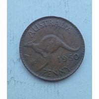 Австралия 1 пенни 1950 год кенгуру король Георг VI без надписи IND: IMP: точка после слова PENNY.