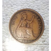 1 пенни 1966 года Великобритания. Королева Елизавета 2. Единственная на аукционе! Шикарная родная шоколадная патина!